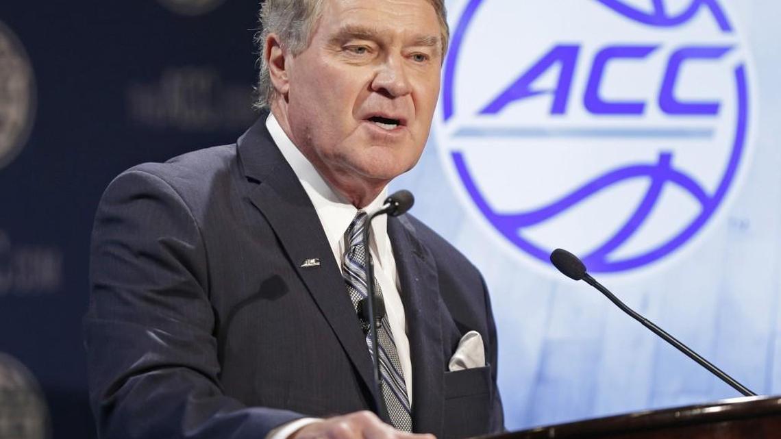 Commissioner John Swofford speaks to the media during the Atlantic Coast Conference men's NCAA basketball media day in Charlotte on Oct. 28, 2015. (AP Photo/Chuck Burton)