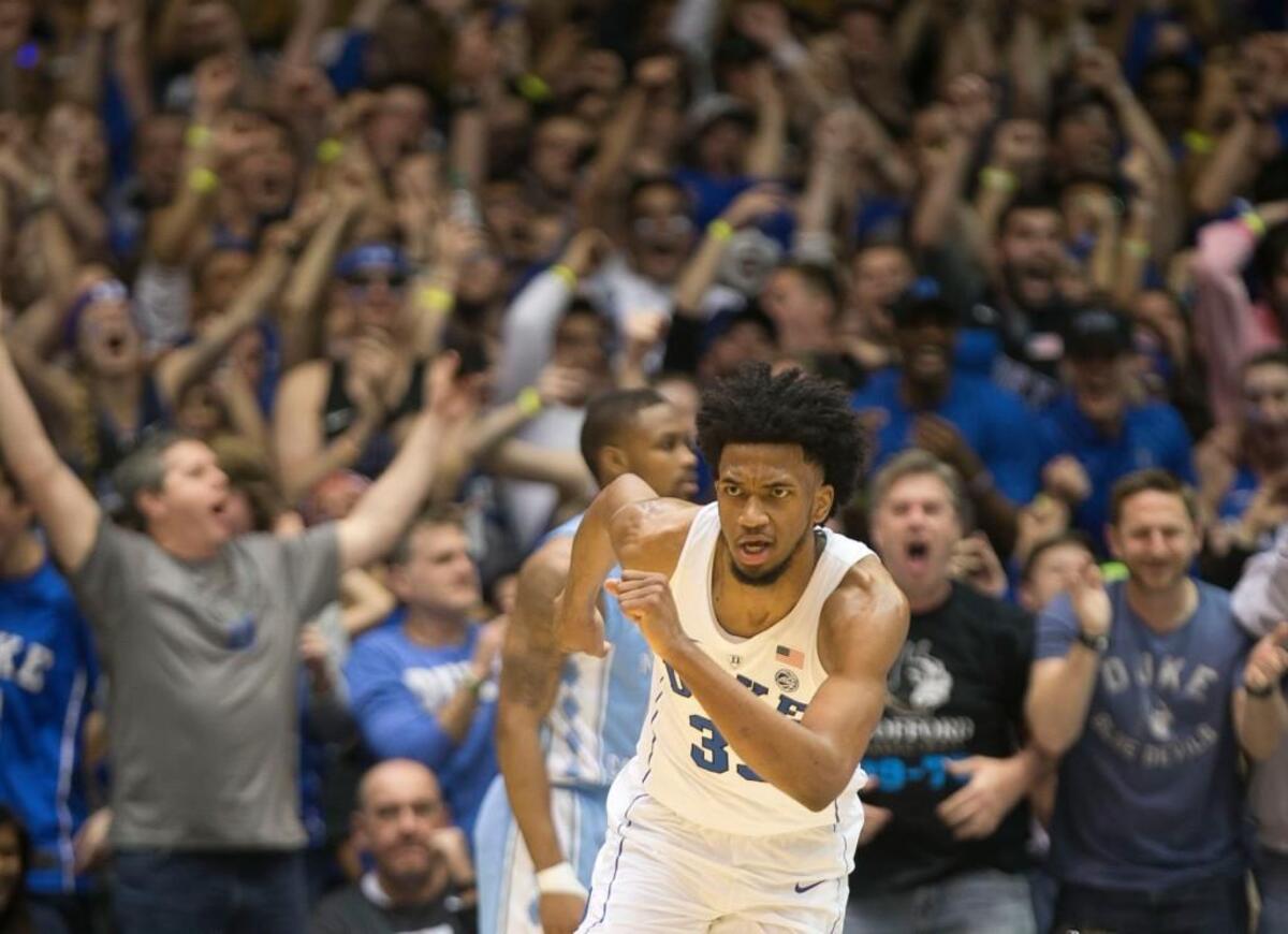 Dukes Marvin Bagley III (35) reacts after a basket in the second half against North Carolina on March 3, 2018 at Cameron Indoor Stadium in Durham.