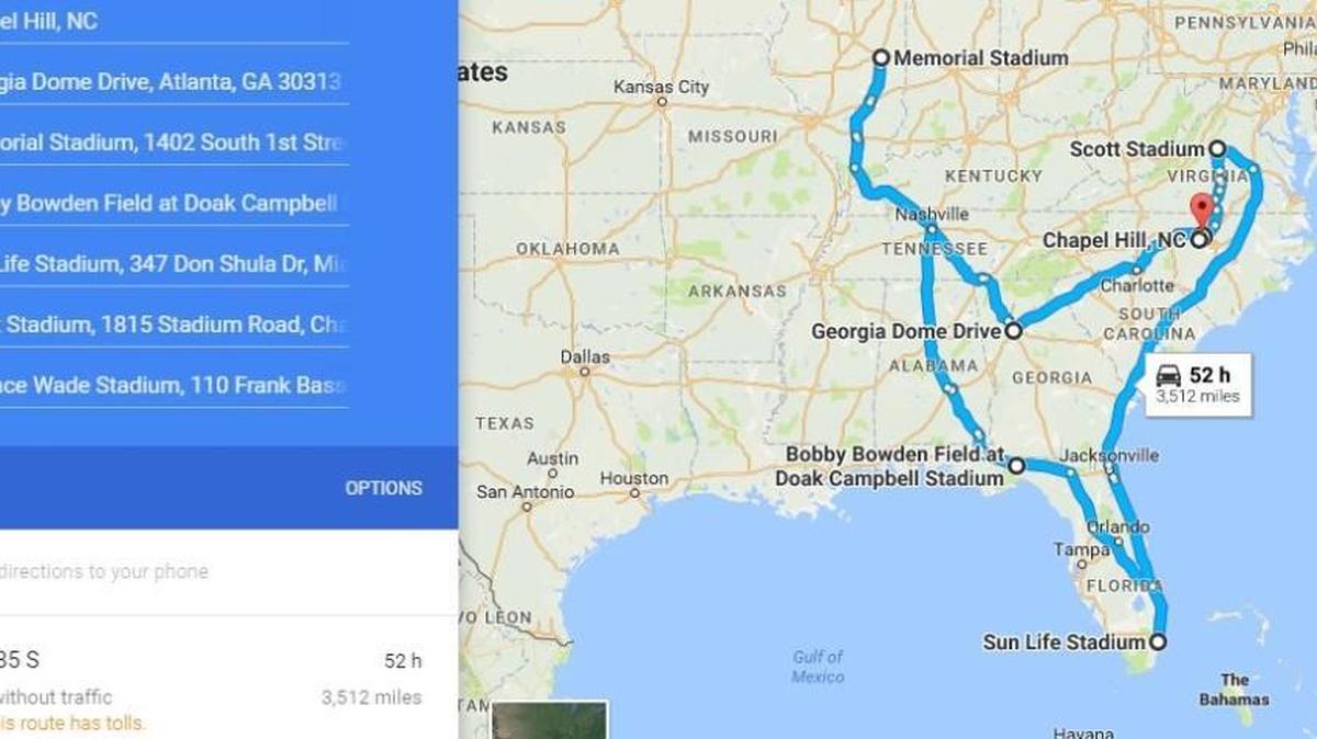 If you were to drive continuously, and in order, to all of UNC’s road destinations this season, it’d take 3,512 miles and 52 hours, according to Google maps. The Tar Heels will break up the trips a bit.