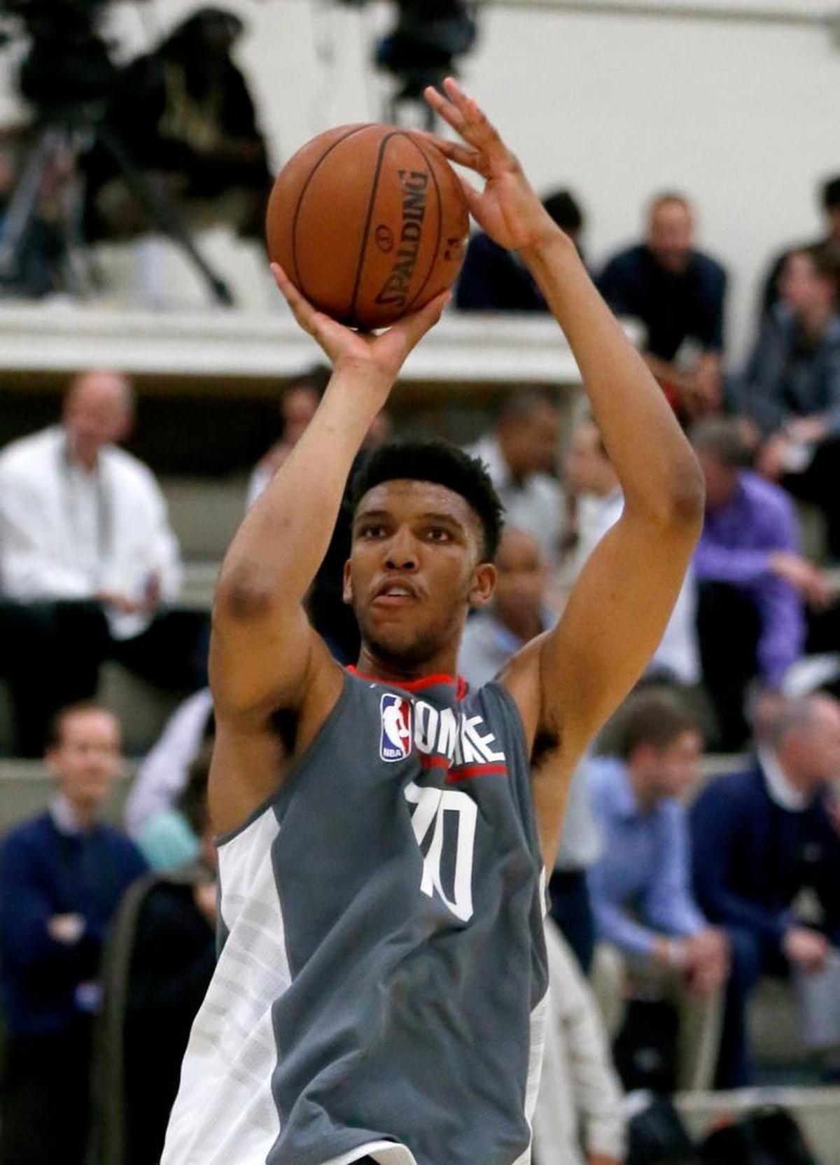 Tony Bradley shoots during the NBA draft combine on May 11 in Chicago.