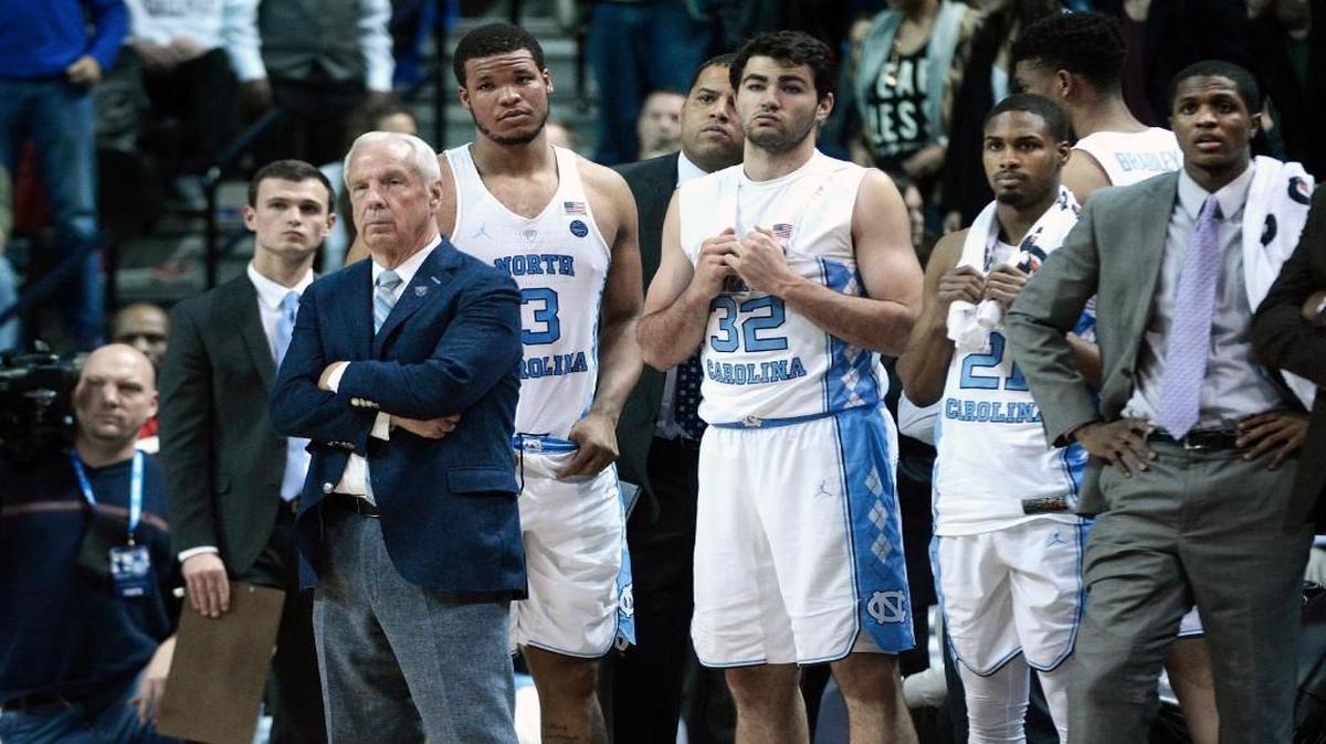 The UNC bench watches as the Duke team clinches the game in the closing seconds and sends them home to Chapel Hill. The Blue Devils defeated the Tar Heels 93-83 and will be in the finals of the ACC Men's Basketball Tournament semi-finals at the Barclays Center in Brooklyn, N.Y., Friday, March 10, 2017