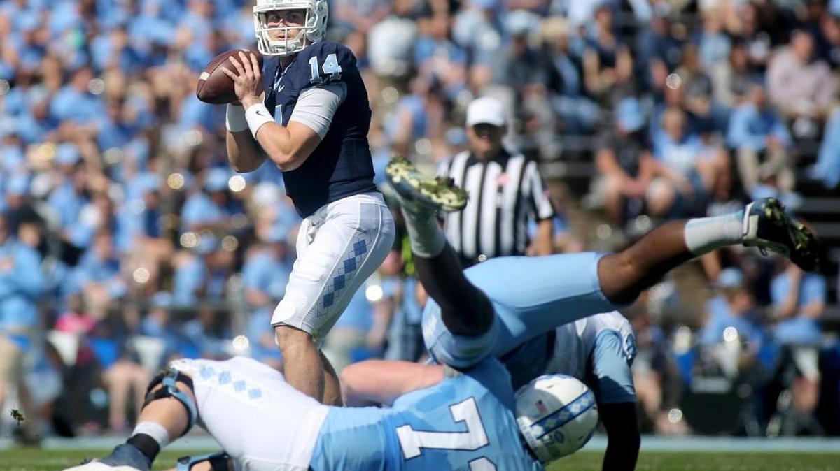 North Carolina quarterback Logan Byrd (14) looks to passduring the spring game at Fetzer Field in Chapel Hill on April 8, 2017.