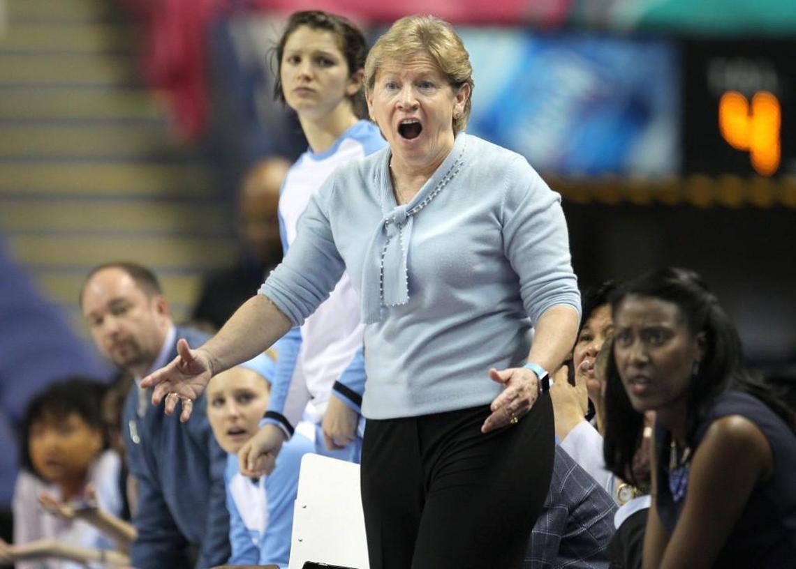 North Carolina coach Sylvia Hatchell reacts to a call during the team’s overtime loss to Pitt in the ACC tournament in March.