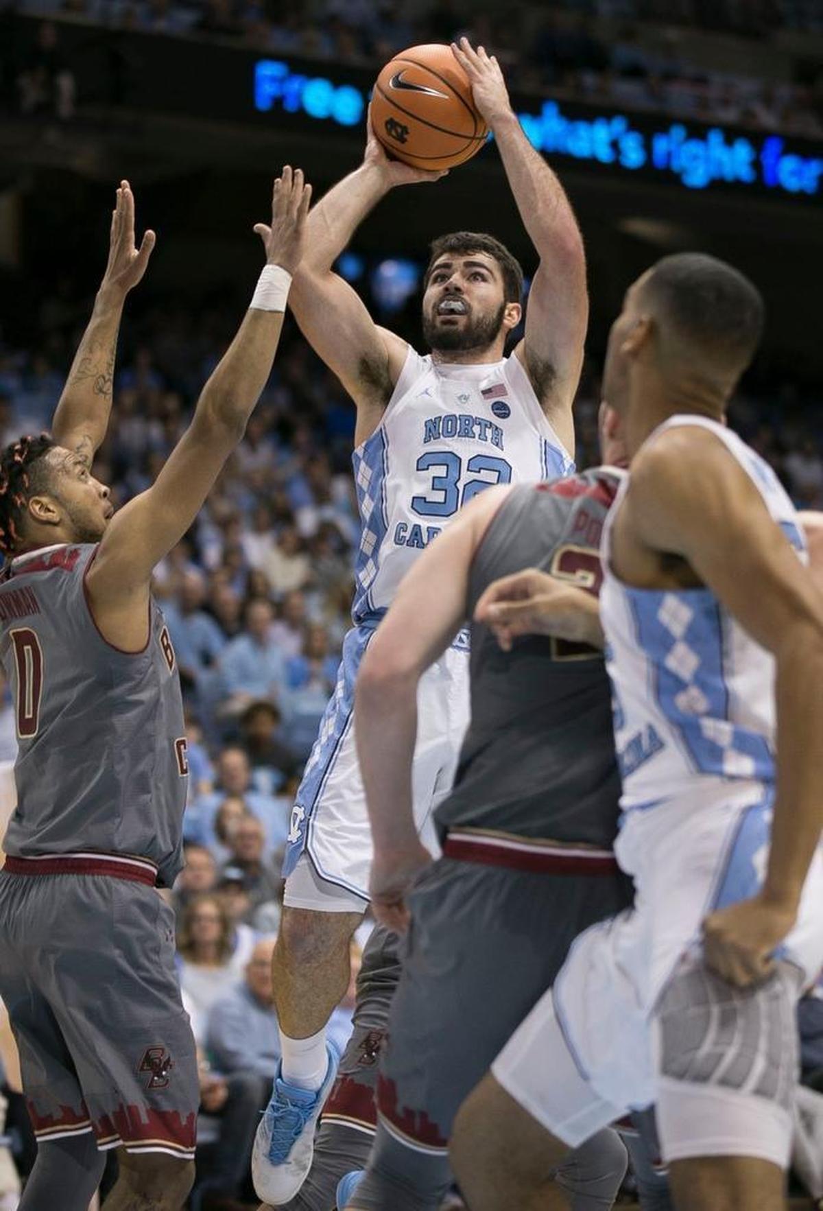 North Carolina’s Luke Maye (32) shoots over Boston College’s Ky Bowman (0) on January 9, 2018 at the Smith Center in Chapel Hill.