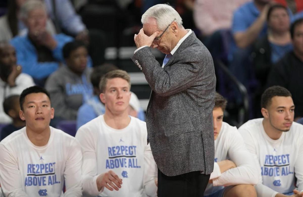 North Carolina coach Roy Williams reacts to a turnover by his team in the second half against Clemson on Tuesday, January 30, 2018 at Littlejohn Coliseum inn Clemson, S.C.
