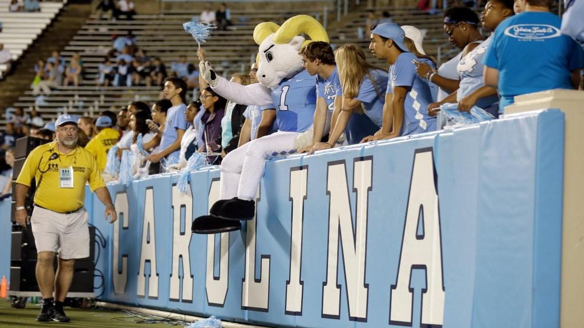 
North Carolina's mascot cheers with Tar Heels fans during the second half of a game against North Carolina A&T in Chapel Hill on Sept. 12, 2015. North Carolina won 53-14. 
