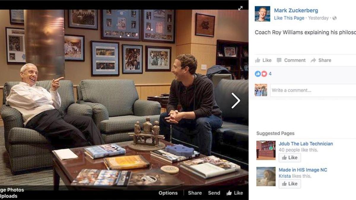 UNC coach Roy Williams meets with Facebook founder and CEO Mark Zuckerberg during his visit to North Carolina on Monday.