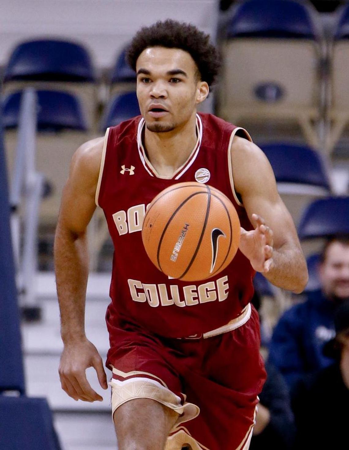 Boston College's Jerome Robinson (1) plays against Pittsburgh on Feb. 13, 2018, in Pittsburgh. (AP Photo/Keith Srakocic)