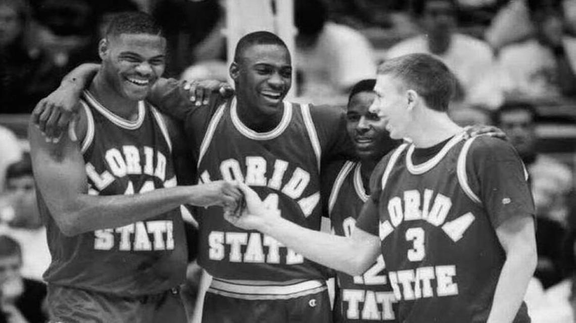 Florida State players celebrate in the closing seconds as teammate Sam Cassell goes to the free throw line in the Seminoles upset of the Tar Heels in the Smith Center, Dec. 15, 1991.