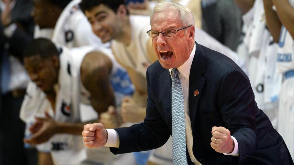 UNC head coach Roy Williams encourages his team to play defense in the closing minute of the game as the Tar Heels defeated the Blue Devils 90-83 at the Dean Smith Center in Chapel Hill, N.C. Saturday, March 4, 2017.