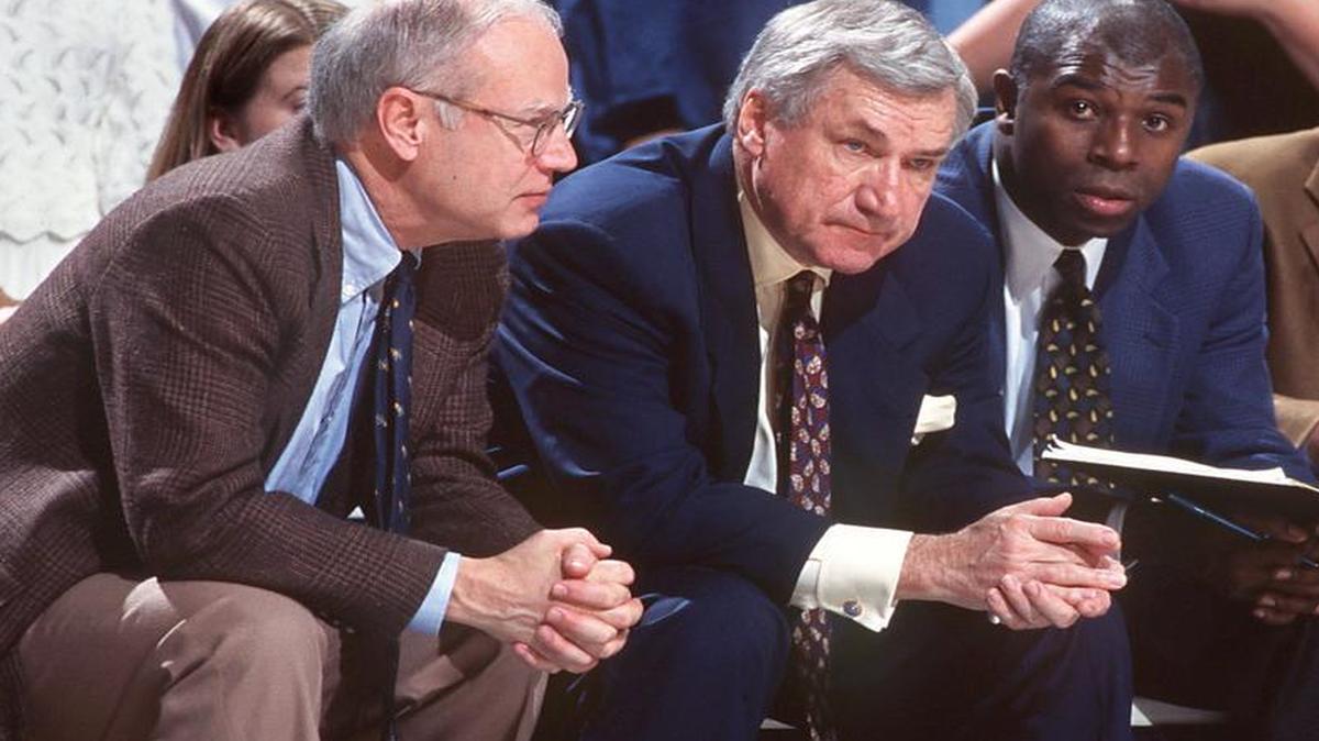 
Assistant UNC-Chapel Hill coach Bill Guthridge, left, and head coach Dean Smith watch a game in 1997. 
