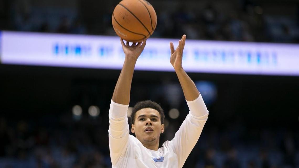 North Carolina’s Cameron Johnson (13) works on his shooting form prior to the Tar Heels’ game against Wofford on Wednesday, December 20, 2017 at the Smith Center in Chapel Hill, N.C. Johnson is expected to see some playing time tonight for the first time since having knee surgery several weeks ago.