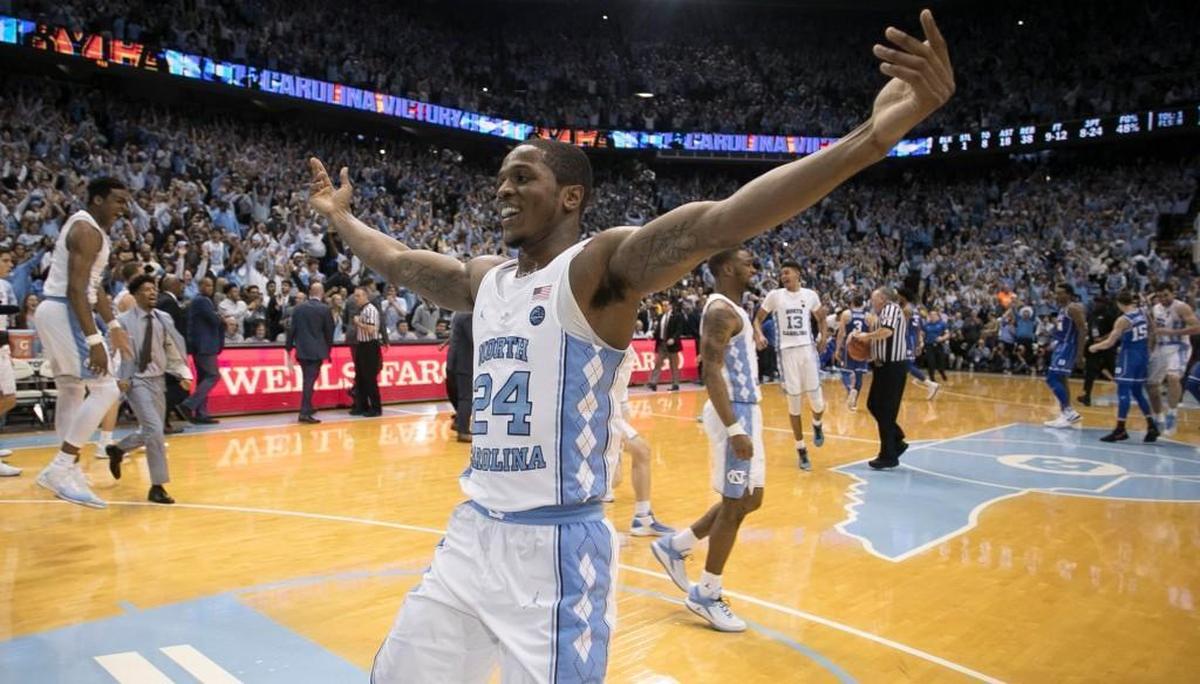 North Carolina's Kenny Williams (24) celebrates the Tar Heels 82-78 victory over Duke on Thursday, February 8, 2018 at the Smith Center in Chapel Hill, N.C. Williams scored 20 points in the Tar Heels' victory.