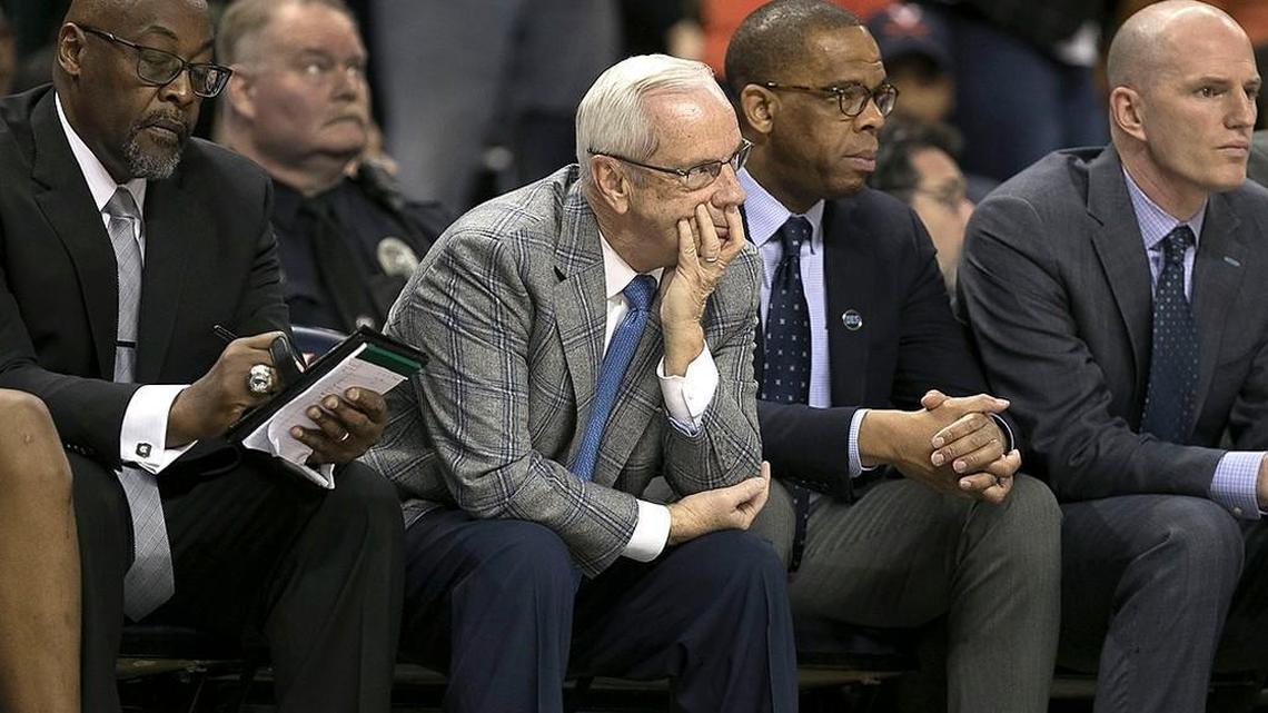 North Carolina coach Roy Williams watches is disappointment after a turnover by his team against Virginia in the second half on Saturday, January 6, 2018 at John Paul Jones Arena in Charlottesville, Va.