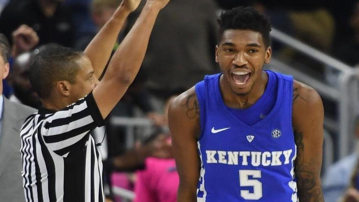Kentucky’s Malik Monk celebrates after hitting a go-ahead 3-pointer late in the team's 103-100 win over the North Carolina Tar Heels.