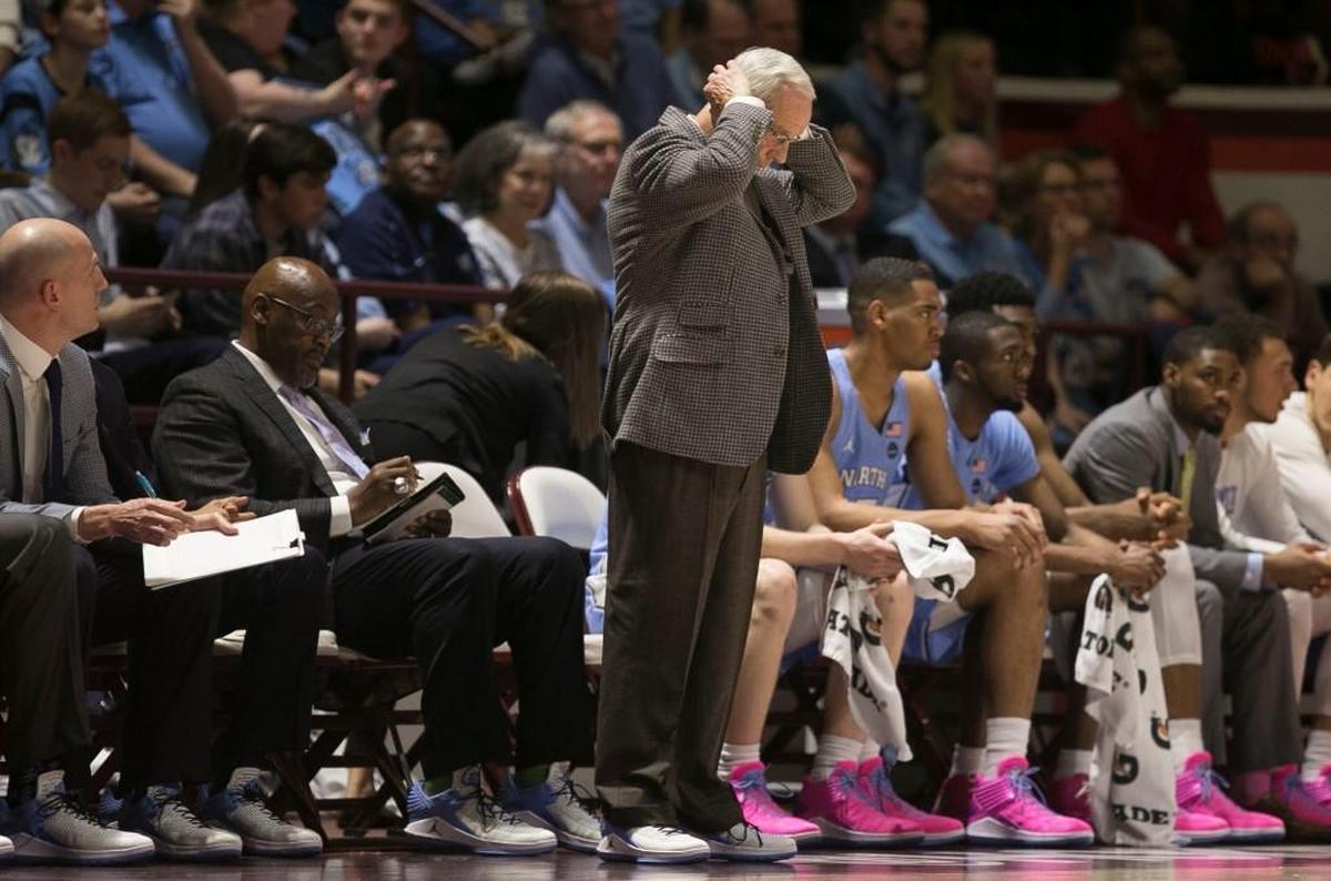 North Carolina coach Roy Williams reacts to a turnover by his team during the first half against Virginia Tech on Monday, January 22, 2018 at Cassell Coliseum in Blacksburg, Virginia.