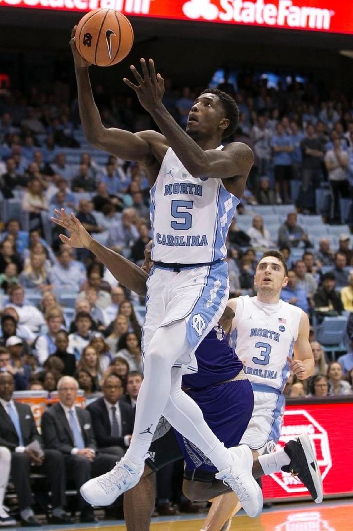 North Carolinas Jalek Felton (5) drives to the basketduring the second half against Western Carolina on December 6, 2017 at the Smith Center in Chapel Hill.