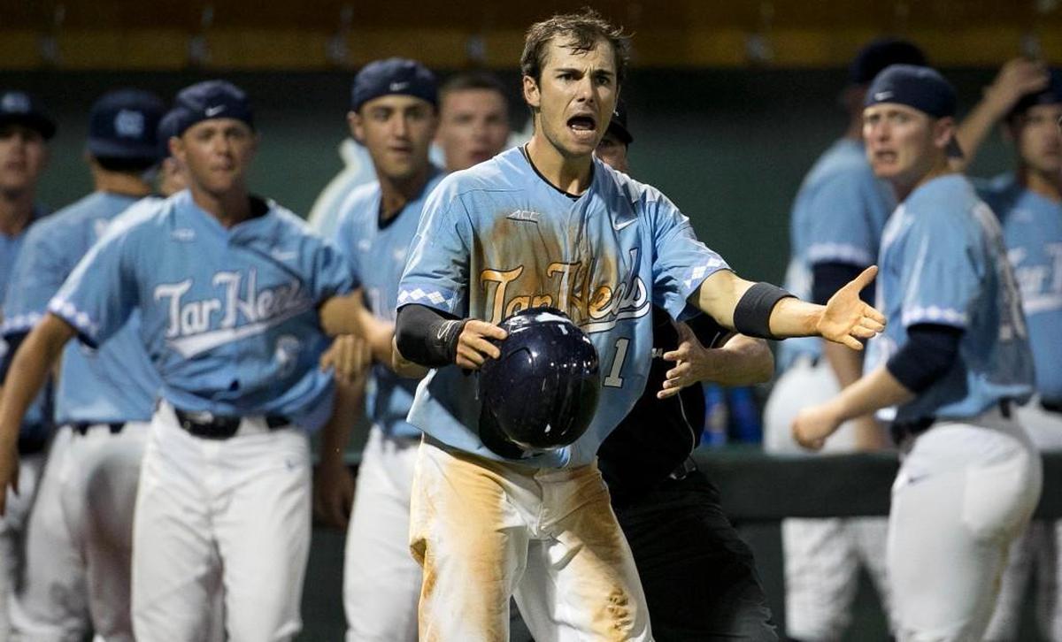 North Carolinaís Brandon Riley (1) argues with the umpire after being called out at home in the bottom of the ninth inning by Davidson catcher Jake Sidwell (29) in the NCAA Regional on Sunday, June 4, 2017 at Boshamer Stadium in Chapel Hill, N.C