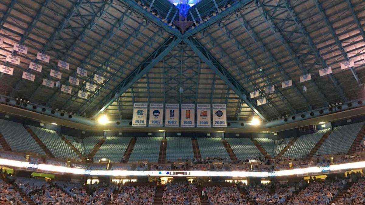 Fans file into the Dean Smith Center to watch the broadcast of UNC and Villanova in the NCAA national title game on April 4.