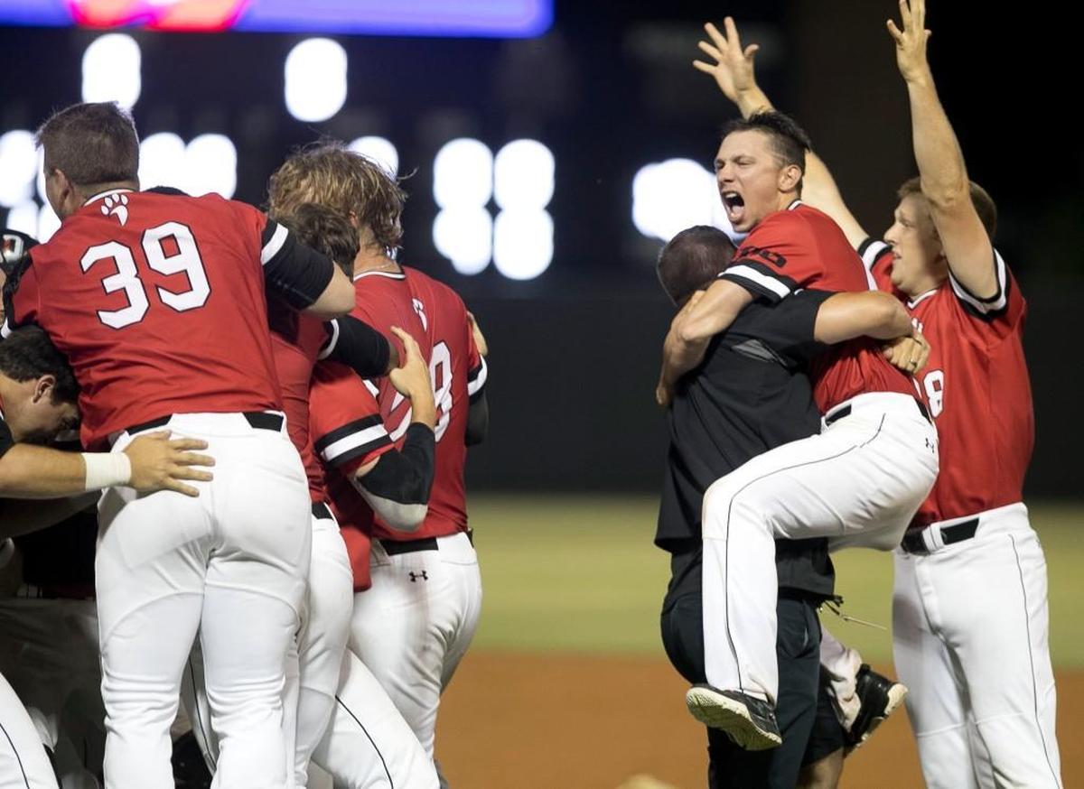 The Davidsons College Wildcats celebrate their 2-1 victory over North Carolina to clinch the NCAA Regional on Sunday, June 4, 2017 at Boshamer Stadium in Chapel Hill, N.C.