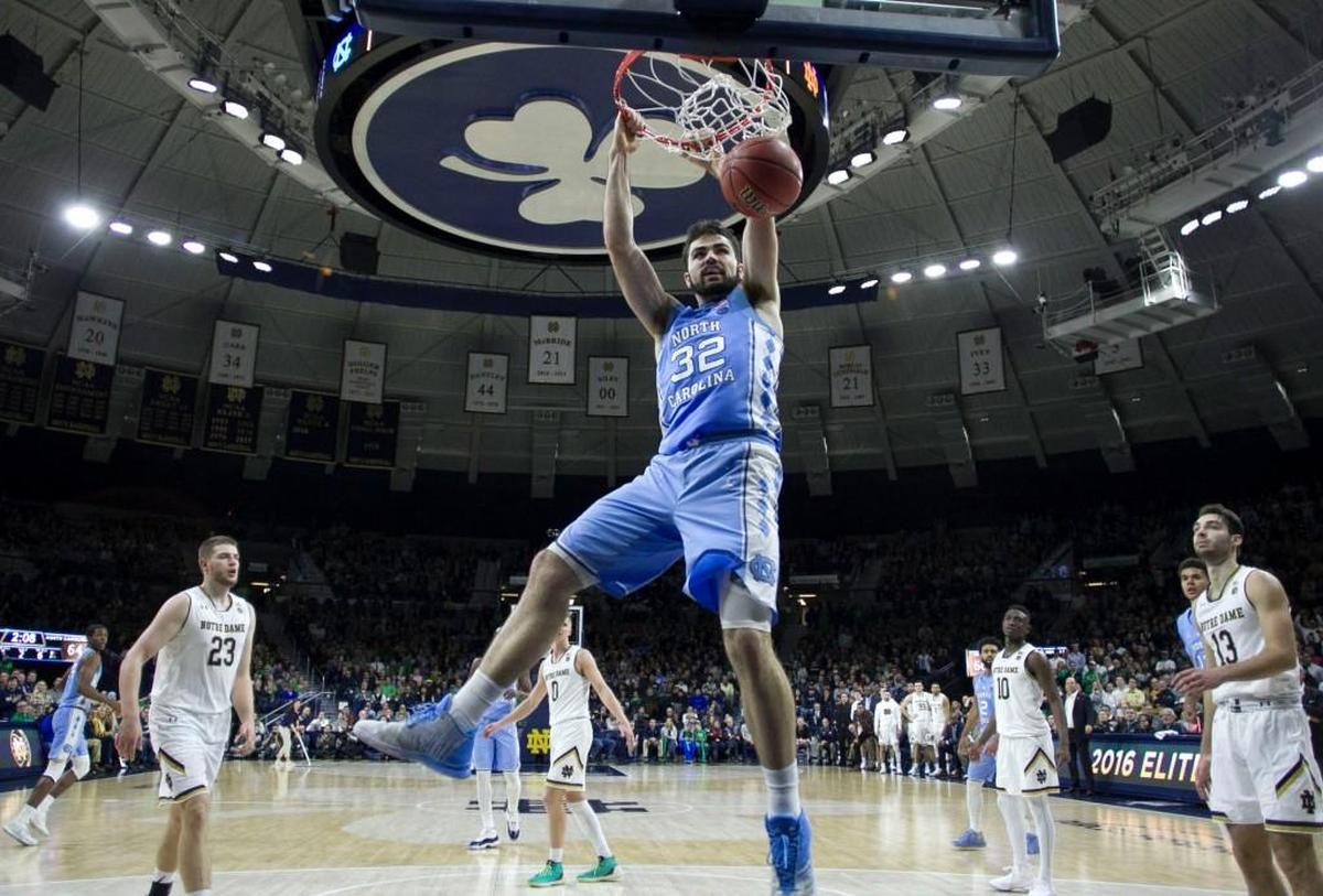 North Carolina’s Luke Maye (32) gets a dunk in the second half against Notre Dame on Saturday, January 13, 2018 at the Joyce Center in South Bend, Indiana. Maye lead North Carolina with 18 points in the Tar Heels’ 69-68 victory.