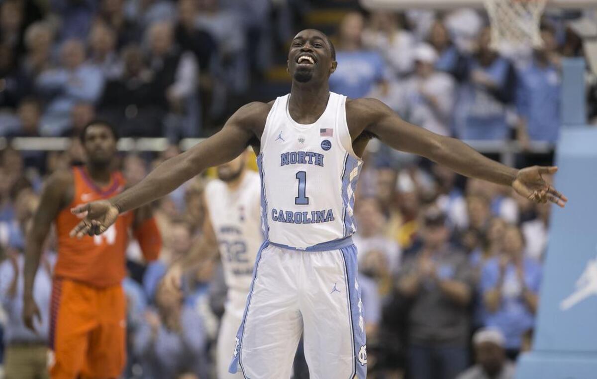 North Carolina’s Theo Pinson (1) relishes in a ten-point lead over Clemson during the first half on Tuesday, Jan. 16, 2018, at the Smith Center in Chapel Hill.