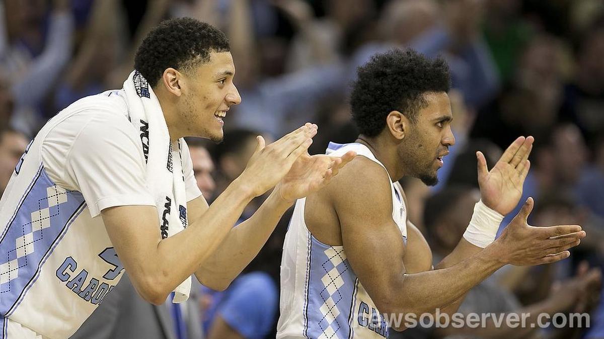 North Carolina’s Justin Jackson (44) and Joel Berry II (2) applaud a lead in the second half against Notre Dame in the NCAA East Regional Final on Sunday, March 27, 2016 at the Wells Fargo Center in Philadelphia, Pa.