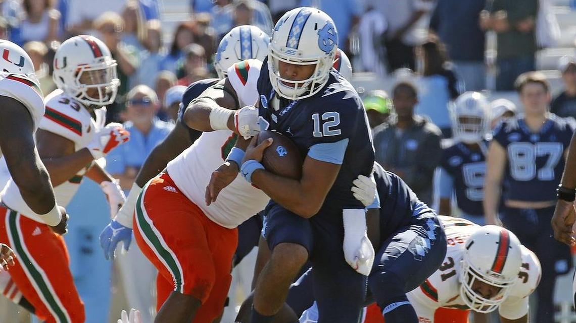 UNC quarterback Chazz Surratt (12) was injured in 2017 game against Miami at Kenan Stadium.