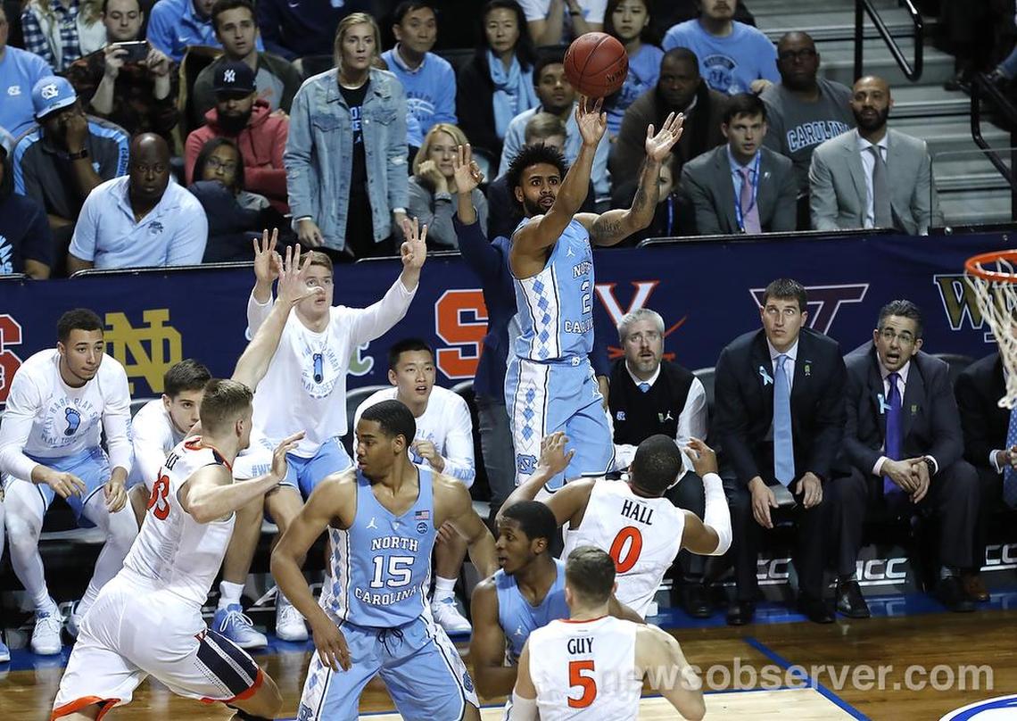 North Carolina's Joel Berry II (2) makes a three-pointer during the second half of Virginia's 71-63 victory over UNC in the finals of the 2018 New York Life ACC Tournament at the Barclays Center in Brooklyn, NY, Saturday, March 10, 2018.