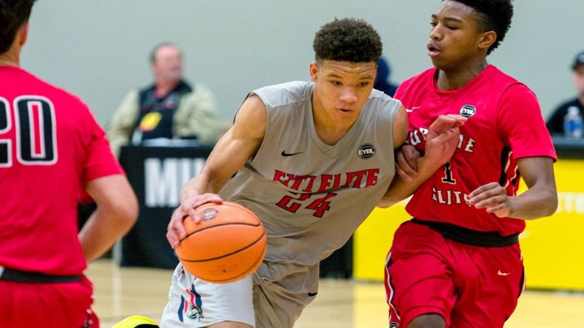 Kevin Knox (24) makes a move toward the basket during the Nike Elite Youth Basketball League recruiting basketball showcase at Grand Park's Jonathan Byrd Fieldhouse in Westfield Saturday, April 23, 2016.