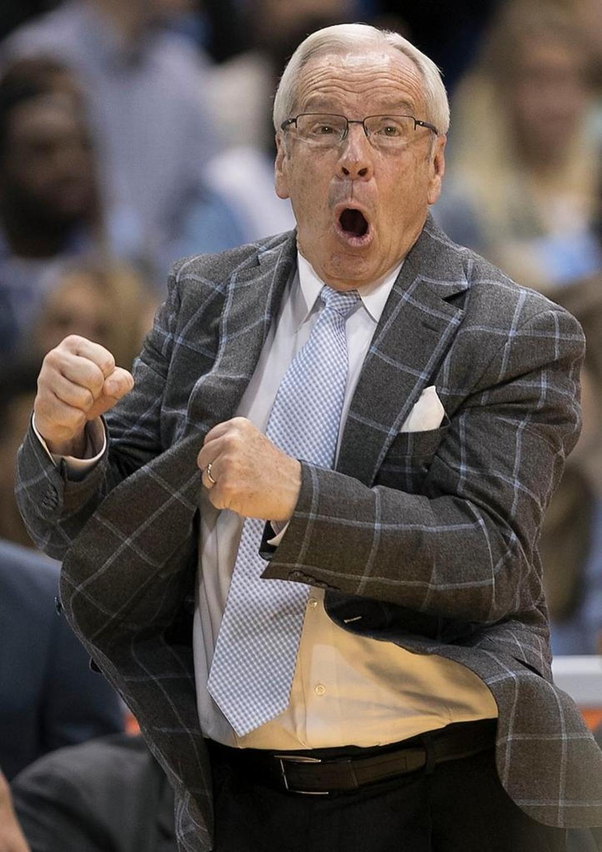 North Carolina coach Roy Williams yells directions to Garrison Brooks (15) during the second half against Pittsburgh on Saturday, February 3, 2018 at the Smith Center in Chapel Hill, N.C.