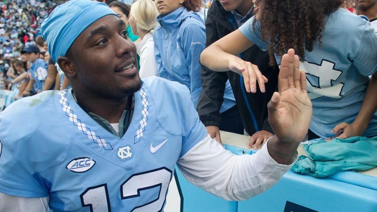 North Carolina quarterback Marquise Williams (12) celebrates the Tar Heels’ 66-31 victory over Duke on Saturday, November 7, 2015 at Kenan Stadium in Chapel Hill. Williams was 23-35 passing for 494 yards and four touchdowns.