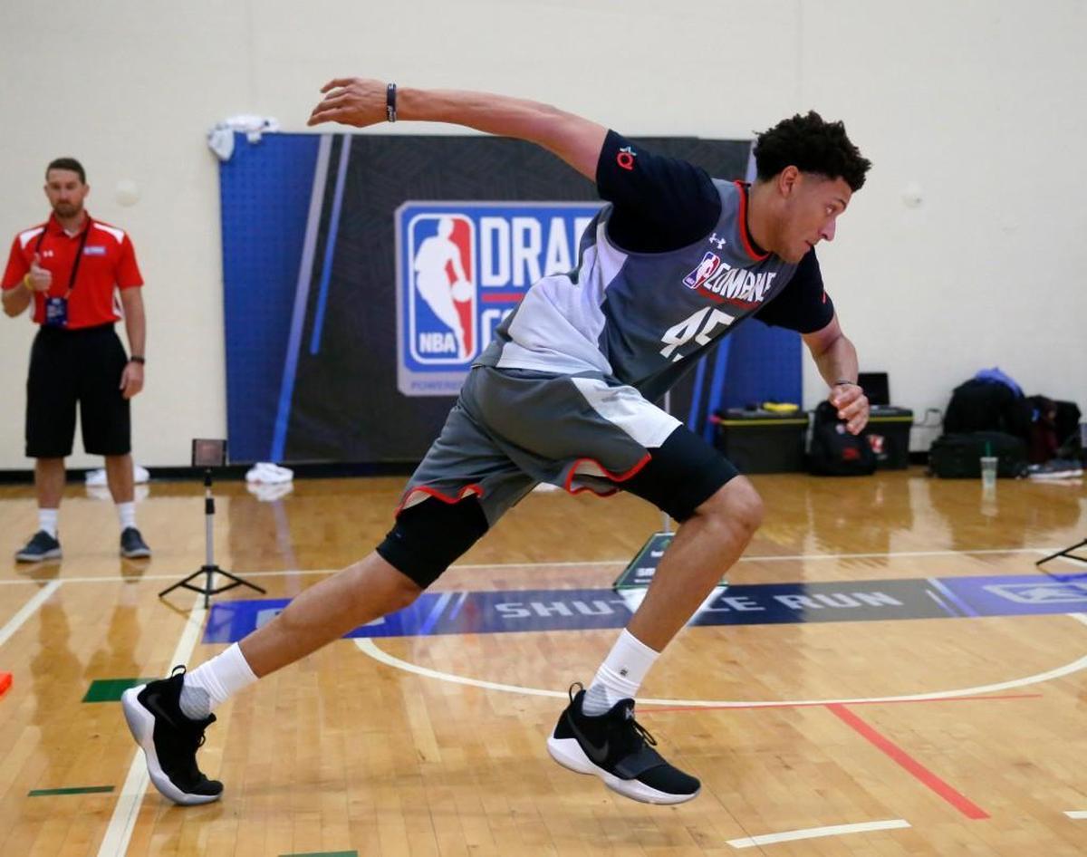 Justin Jackson participates in an agility drill at the NBA draft combine on May 11.