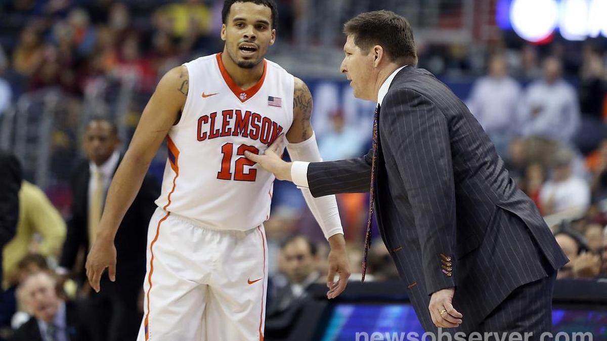 Clemson's head coach Brad Brownell talks with Avry Holmes (12) during the second half of Georgia Tech's 88-85 overtime victory over Clemson.