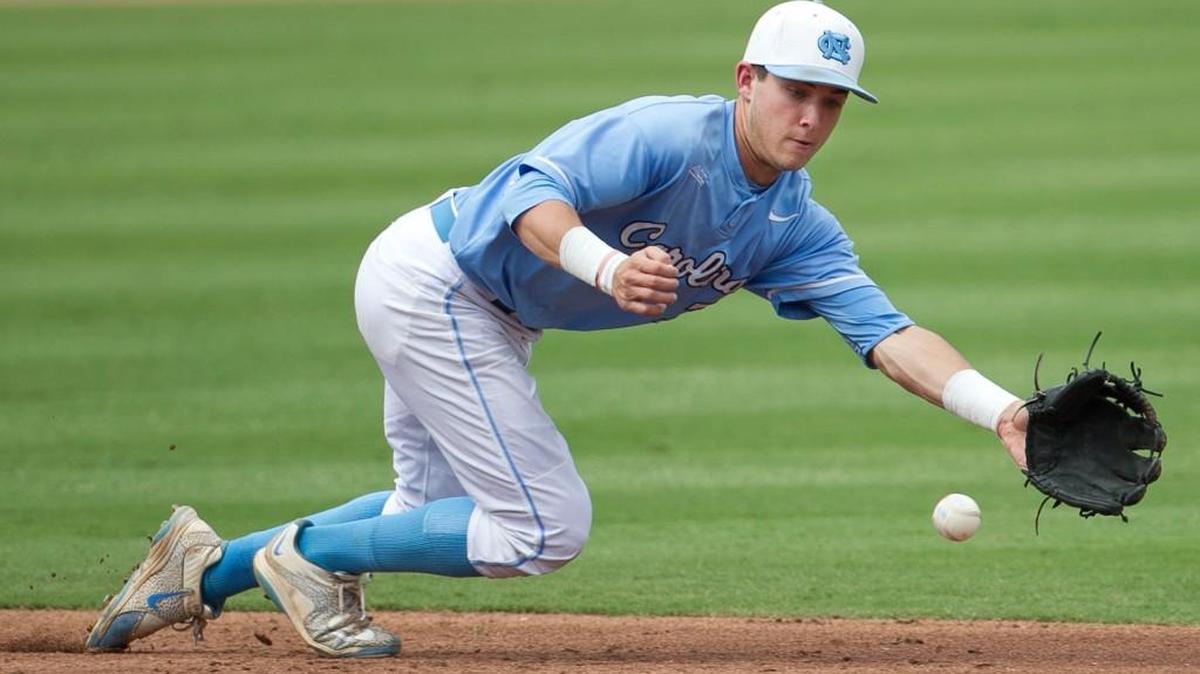 North Carolina shortstop Logan Warmoth fields a grounder by Virginia Tech’s Max Ponzurick during the ACC baseball tournament on May 19, 2015.