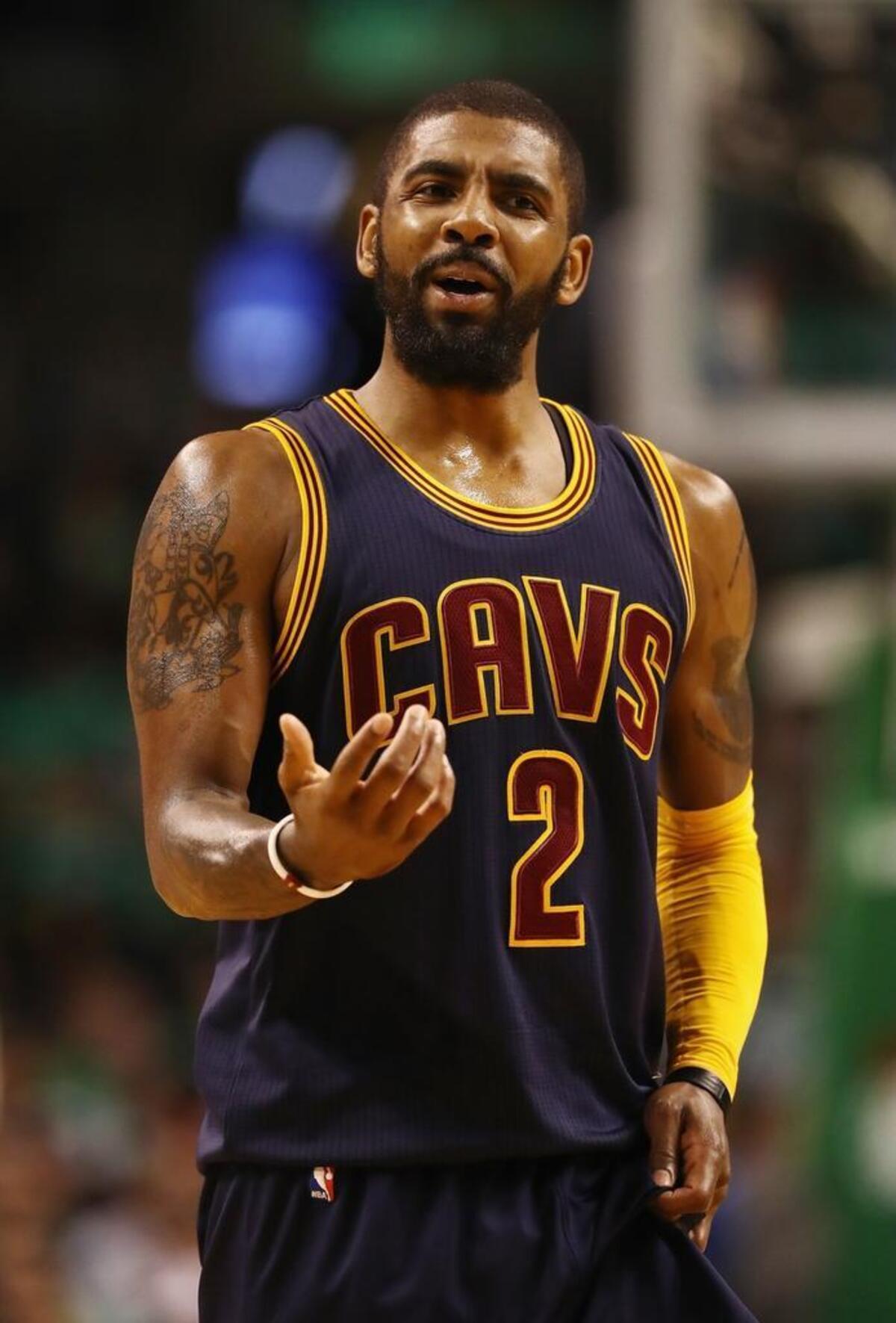 Kyrie Irving of the Cleveland Cavaliers reacts in the second half against the Boston Celtics during Game Five of the 2017 NBA Eastern Conference Finals at TD Garden on May 25 in Boston, Mass.
