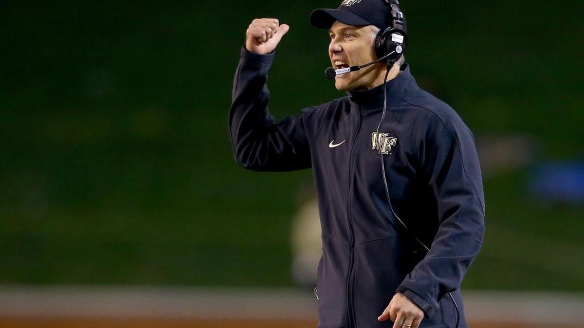 Wake Forest head coach Dave Clawson reacts to a play during game against the Clemson Tigers at BB&T Field on November 6 in Winston Salem. (Photo by Streeter Lecka/Getty Images)