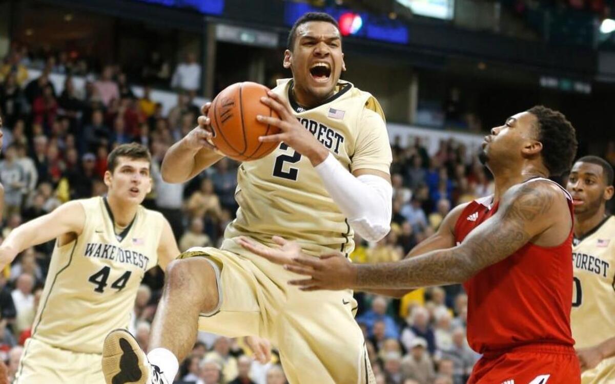 Wake Forest's Devin Thomas (2) pulls in a rebound during Wake Forest's 88-84 victory over N.C. State at the Joel Coliseum in Winston-Salem, N.C., Tuesday, Feb. 3, 2015.