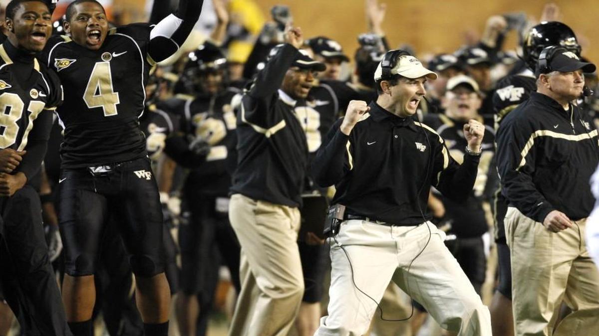 Wake Forest assistant coach Tommy Elrod and the bench react to a field goal during the Demon Deacons’ 24-21 win over Florida State in 2007. Elrod was fired from his radio analyst position at Wake after a school investigation found the former assistant coach and player had attempted to leak game plans.