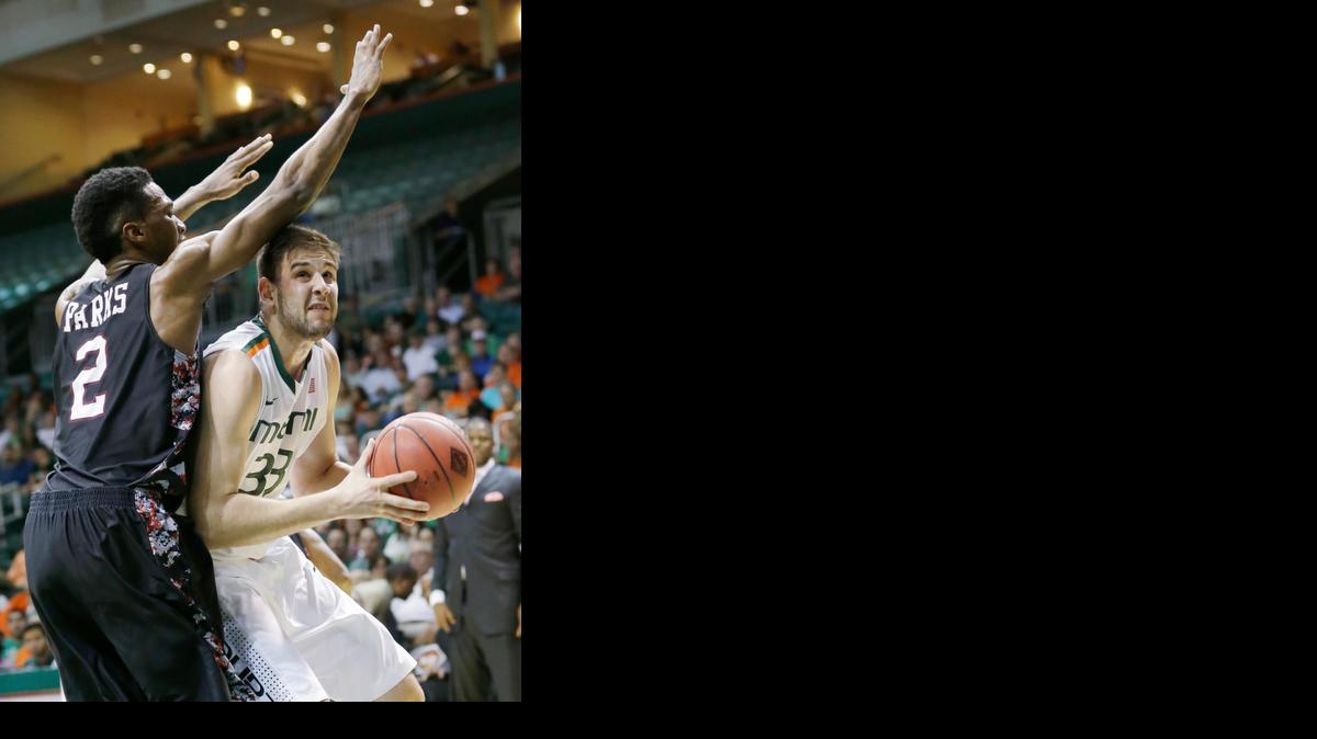 
Miami forward Ivan Cruz Uceda (33) prepares to shoot past North Carolina Central forward Jordan Parks (2) during the first half of a first round National Invitation Tournament college basketball game, Tuesday, March 17, 2015, in Coral Gables, Fla. (AP Photo/Wilfredo Lee)
