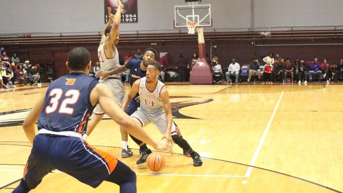 North Carolina Central senior guard Raekwon Harney drives to the basket during the first half versus Morgan State on Monday in Durham. Harney scored five points off the bench during the Eagles 77-63 win over the Bears.