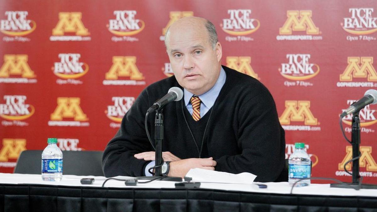 
Minnesota athletic director Norwood Teague talks with the media after an NCAA football game against Michigan State on Nov. 24, 2012, in Minneapolis. 
