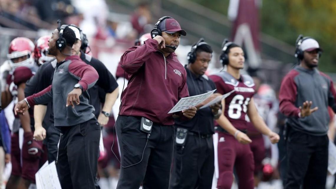N.C. Central's coach Jerry Mack, center, watches his team play against Delaware State on Nov. 7.