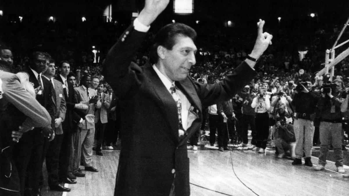 Ailing from cancer, Jim Valvano returns to Reynolds Coliseum on Feb. 21, 1993, as N.C. State’s 1983 NCAA championship team is honored.