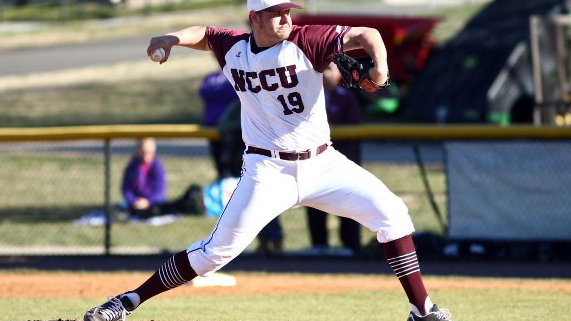 North Carolina Central University's Andrew Vernon pitches during their game against Niagara University at Durham Athletic Park in February.