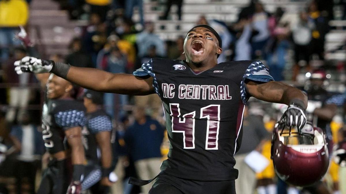 North Carolina Central's Sam Richardson celebrates during the closing seconds against North Carolina A&T on Nov. 19, in Durham. Central won 42-21 and claimed the Mid-Eastern Athletic Conference championship.