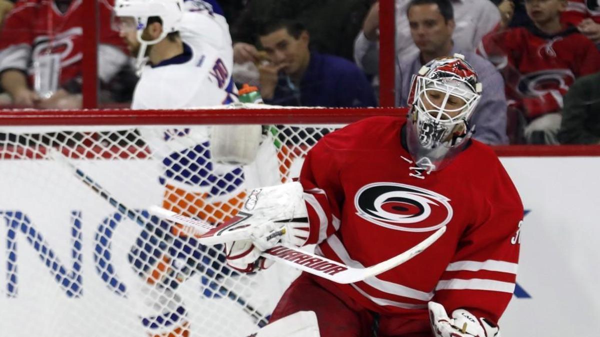 Carolina Hurricanes goalie Eddie Lack reacts during a game against the New York Islanders at PNC Arena in Raleigh, N.C. on April 6, 2017. Lack is available to the Golden Knights in the draft.