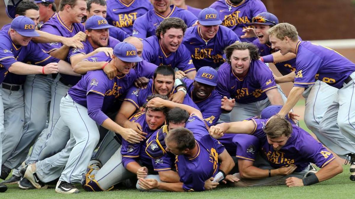 East Carolina players celebrate an 8-4 victory over William & Mary to win the NCAA Charlottesville Regional last Sunday in Charlottesville, Va.