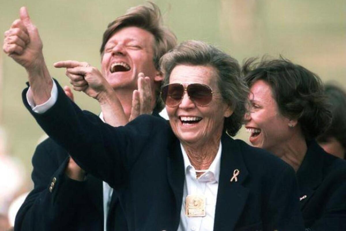 Pine Needles Lodge and Golf Club owner Peggy Kirk Bell celebrates the announcement in June 1996 that the U.S. Women’s Championship would return to her course in 2001.