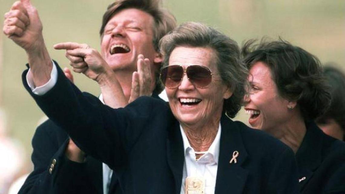 Pine Needles Lodge and Golf Club owner Peggy Kirk Bell celebrates the announcement in June 1996 that the U.S. Women’s Championship would return to her course in 2001.